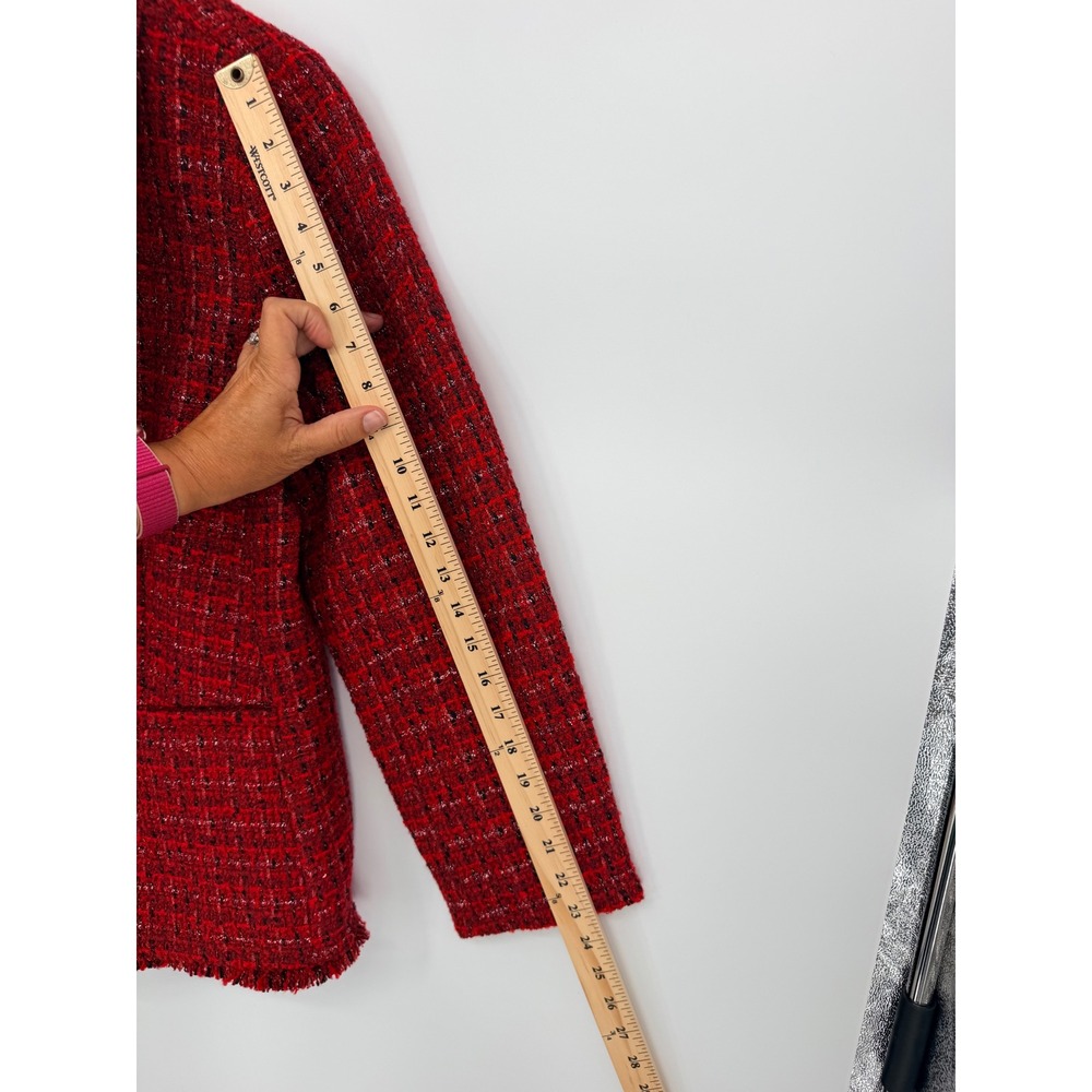 Chico's Tweed Blazer 2 Red Textured Raw Edge Jacket Parisian Chic Holiday - Picture 5 of 11